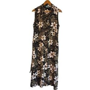 Vintage Bahama Beach L Black Tropical Floral Hibiscus Button Front Maxi Dress